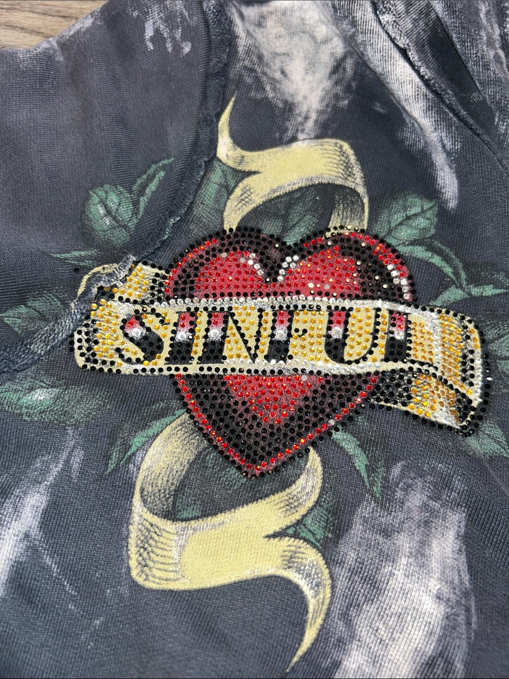 Sinful Rhinestone Heart Rose Zip Hoodie Medium Distressed Y2K Gothic Grunge - Picture 5 of 10